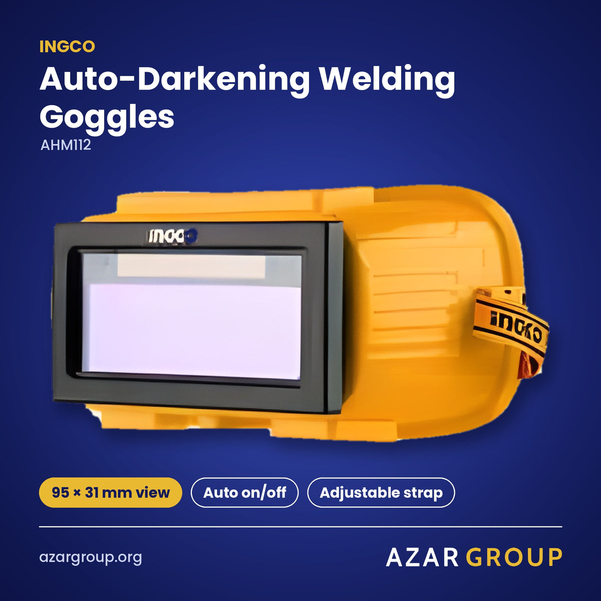 INGCO AHM112 Auto-Darkening Welding Goggles – 95 × 31 mm view, Auto on/off, Adjustable strap