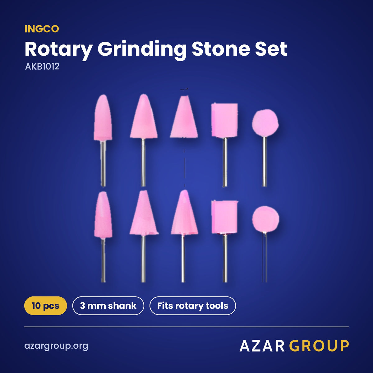 INGCO AKB1012 Rotary Grinding Stone Set – 10 pcs, 3 mm shank, Fits rotary tools
