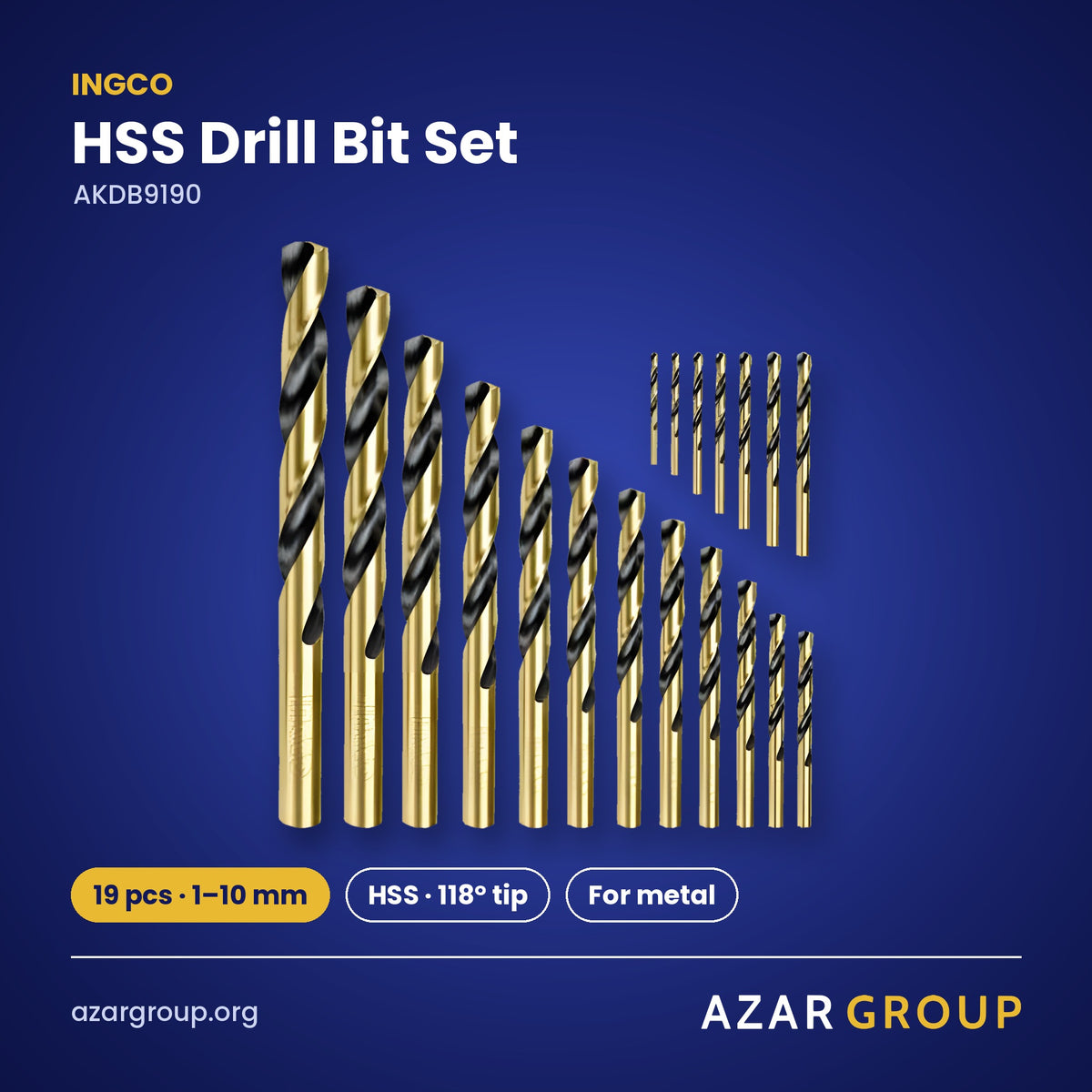 INGCO AKDB9190 HSS Drill Bit Set – 19 pcs · 1–10 mm, HSS · 118° tip, For metal
