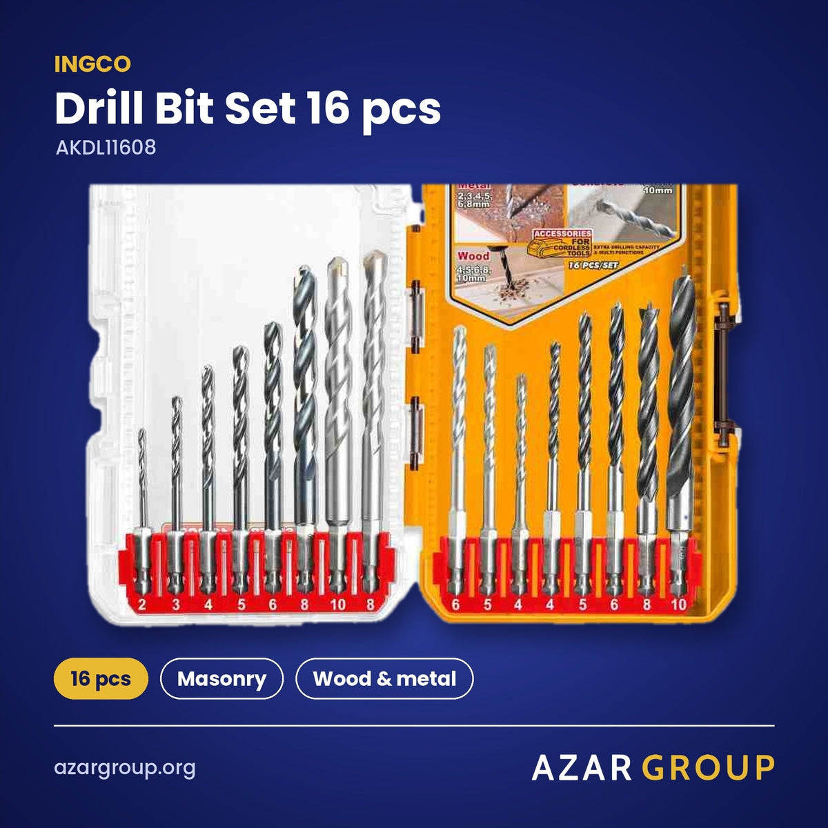 INGCO AKDL11608 Drill Bit Set 16 pcs – 16 pcs, Masonry, Wood & metal