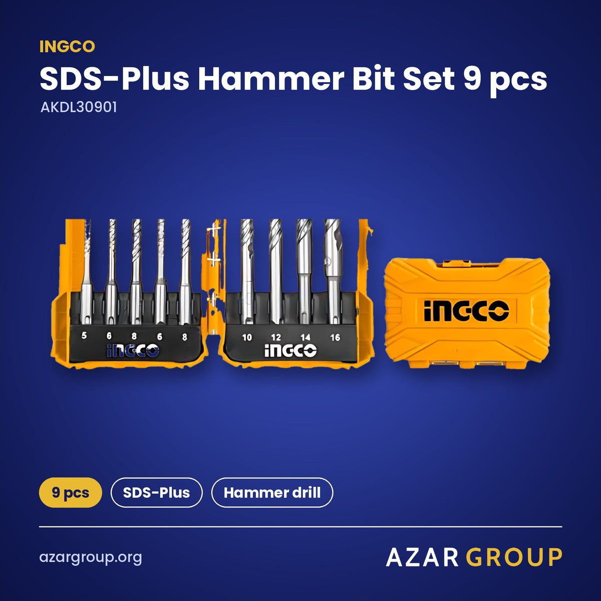 INGCO AKDL30901 SDS-Plus Hammer Bit Set 9 pcs – 9 pcs, SDS-Plus, Hammer drill
