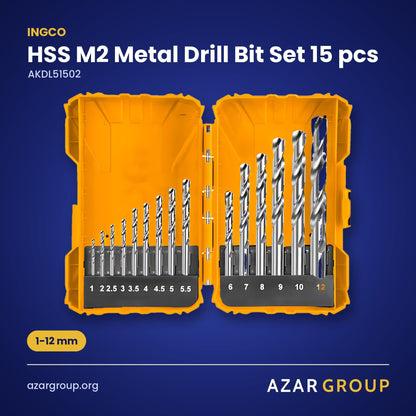 INGCO AKDL51502 HSS M2 Metal Drill Bit Set 15 pcs – 1-12 mm