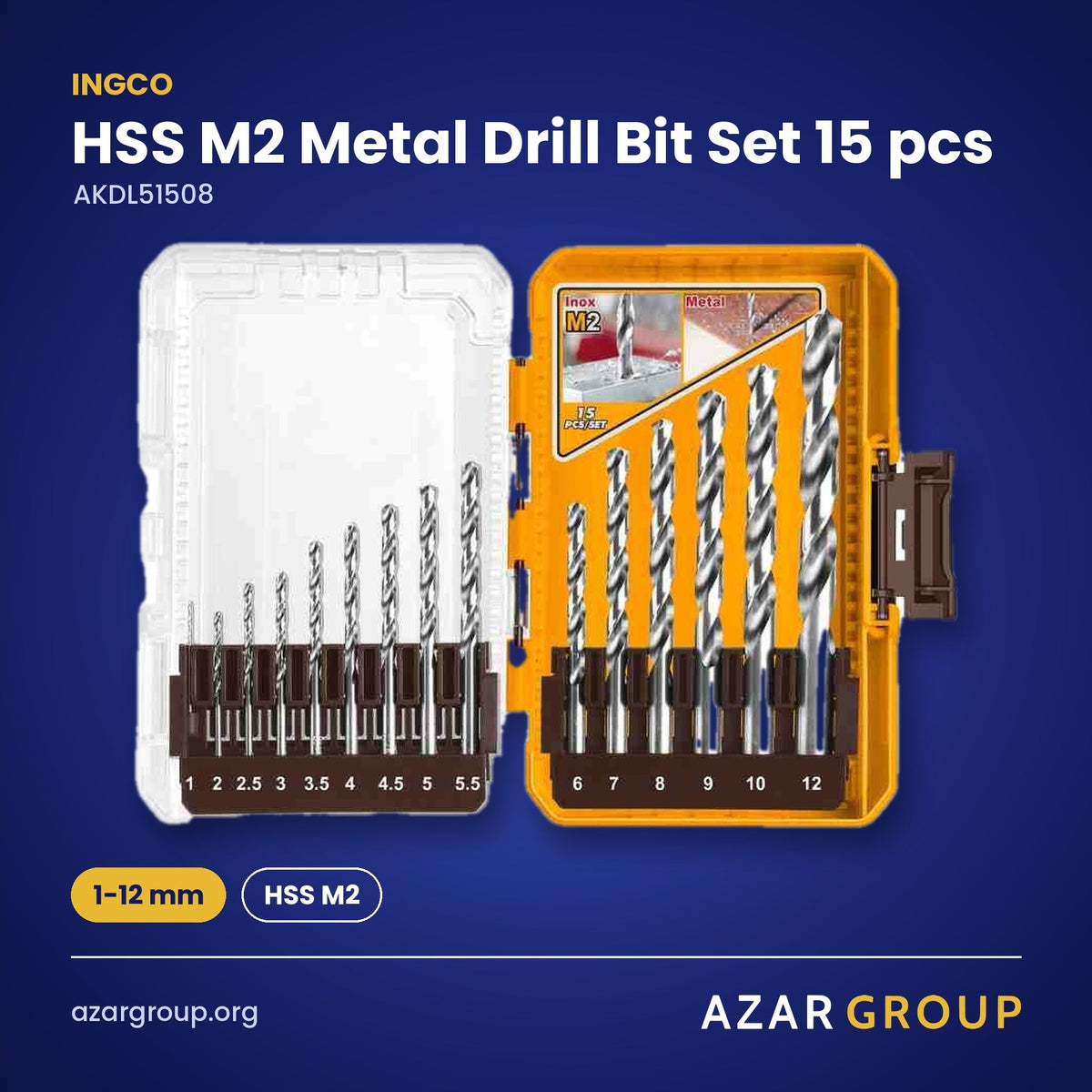 INGCO AKDL51508 HSS M2 Metal Drill Bit Set 15 pcs – 1-12 mm, HSS M2
