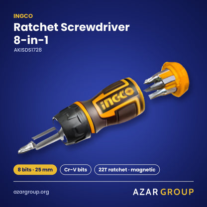 INGCO AKISDS1728 Ratchet Screwdriver 8-in-1 – 8 bits · 25 mm, Cr-V bits, 22T ratchet · magnetic