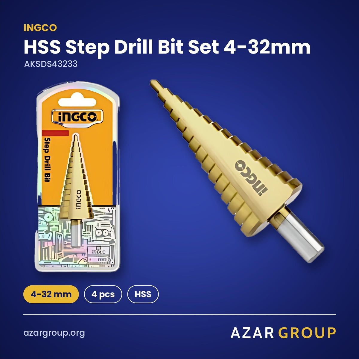 INGCO AKSDS43233 HSS Step Drill Bit Set 4-32mm – 4-32 mm, 4 pcs, HSS
