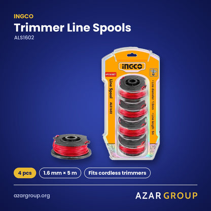 INGCO ALS1602 Trimmer Line Spools – 4 pcs, 1.6 mm × 5 m, Fits cordless trimmers