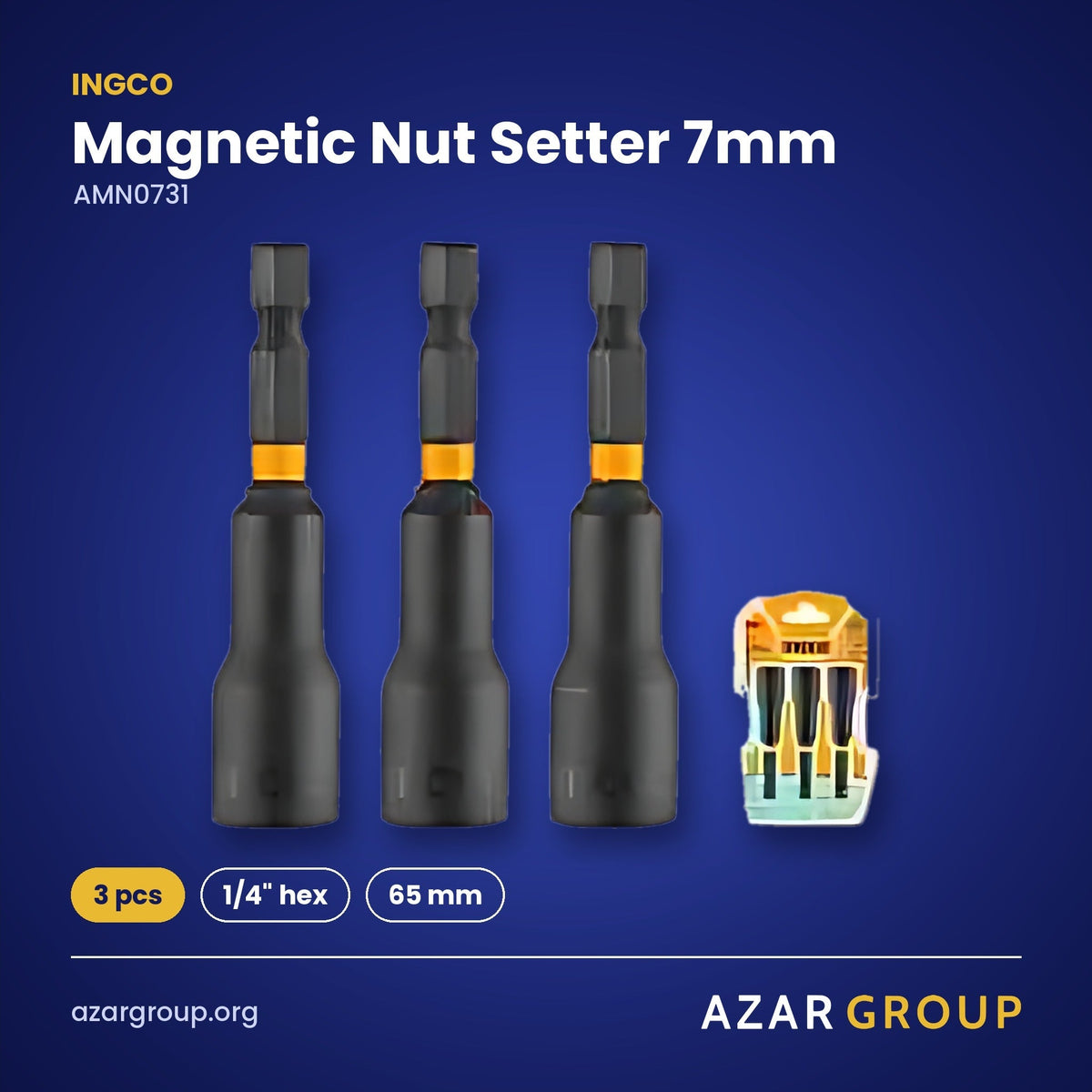 INGCO AMN0731 Magnetic Nut Setter 7mm – 3 pcs, 1/4" hex, 65 mm
