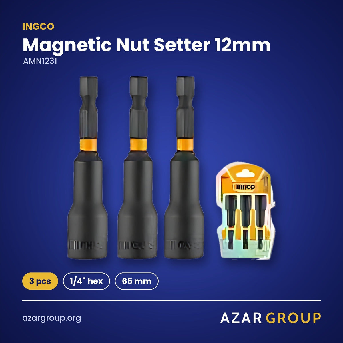 INGCO AMN1231 Magnetic Nut Setter 12mm – 3 pcs, 1/4" hex, 65 mm