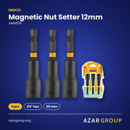 INGCO AMN1231 Magnetic Nut Setter 12mm – 3 pcs, 1/4" hex, 65 mm