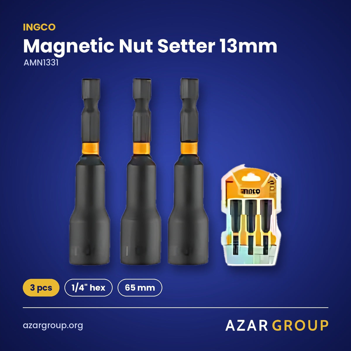 INGCO AMN1331 Magnetic Nut Setter 13mm – 3 pcs, 1/4" hex, 65 mm