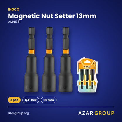 INGCO AMN1331 Magnetic Nut Setter 13mm – 3 pcs, 1/4" hex, 65 mm