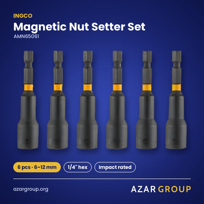 INGCO AMN65061 Magnetic Nut Setter Set – 6 pcs · 6–12 mm, 1/4″ hex, Impact rated