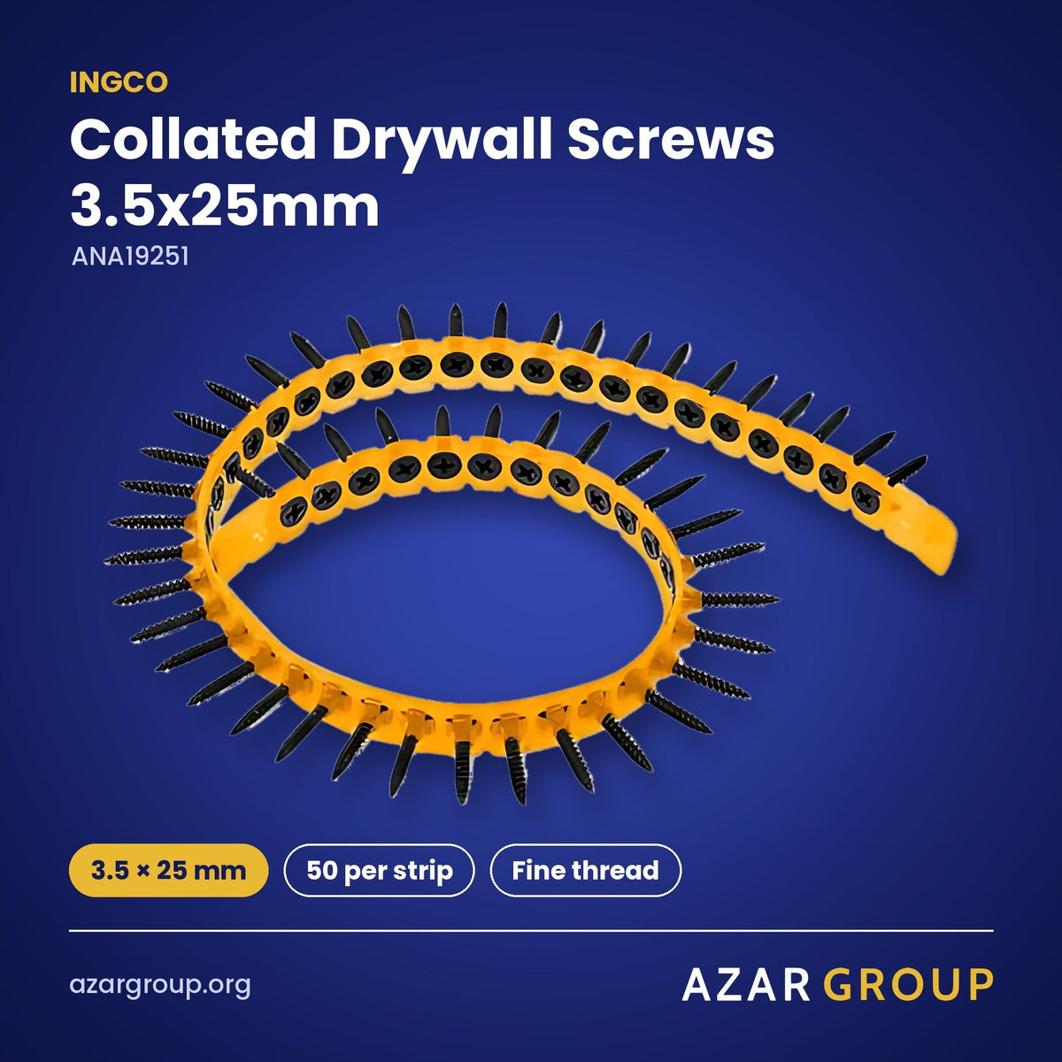 INGCO ANA19251 Collated Drywall Screws 3.5x25mm – 3.5 × 25 mm, 50 per strip, Fine thread