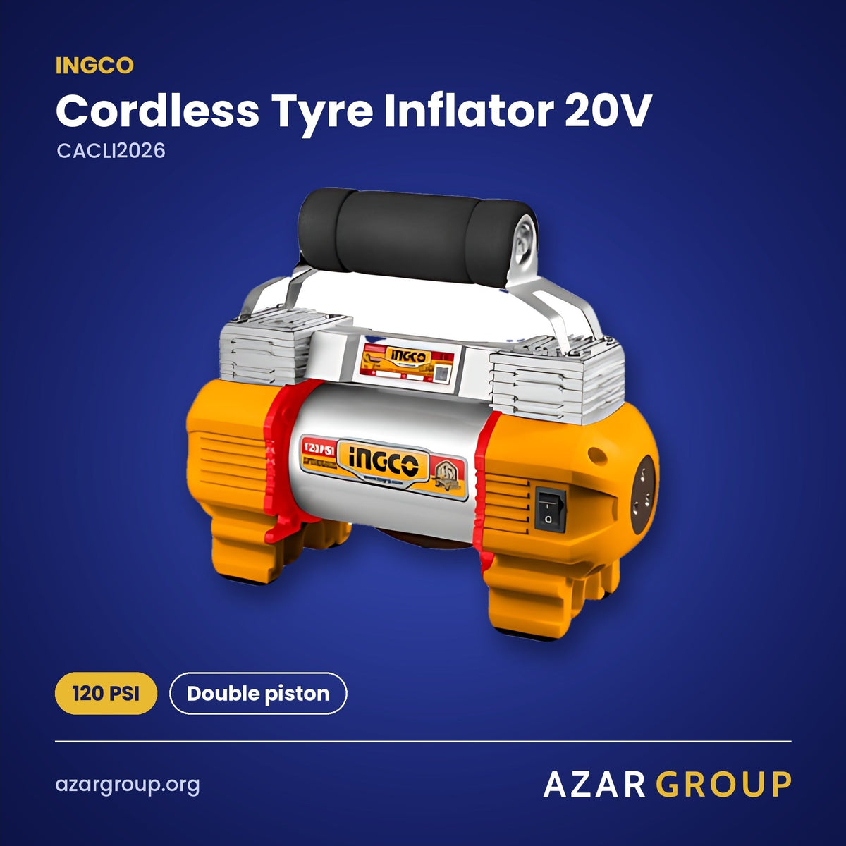 INGCO CACLI2026 Cordless Tyre Inflator 20V – 120 PSI, Double piston
