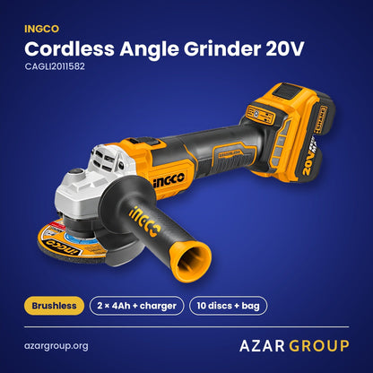 INGCO CAGLI2011582 Cordless Angle Grinder 20V – Brushless, 2 × 4Ah + charger, 10 discs + bag