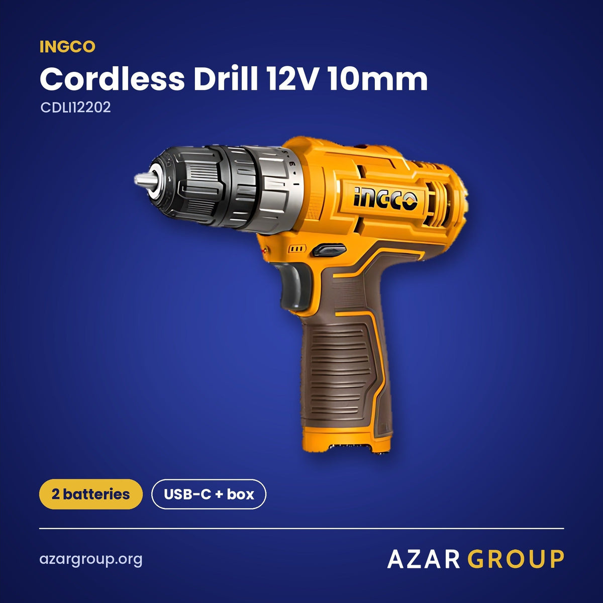 INGCO CDLI12202 Cordless Drill 12V 10mm – 2 batteries, USB-C + box