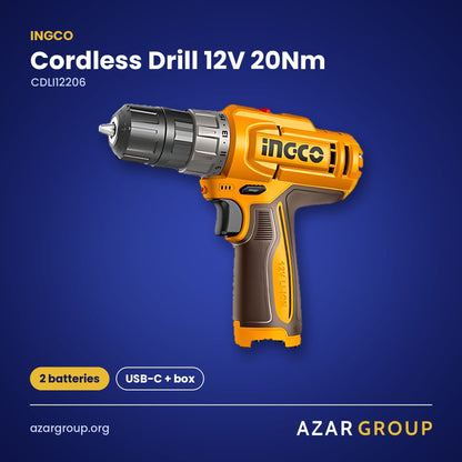 INGCO CDLI12206 Cordless Drill 12V 20Nm – 2 batteries, USB-C + box