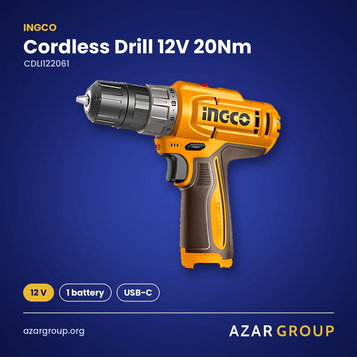 INGCO CDLI122061 Cordless Drill 12V 20Nm – 12 V, 1 battery, USB-C