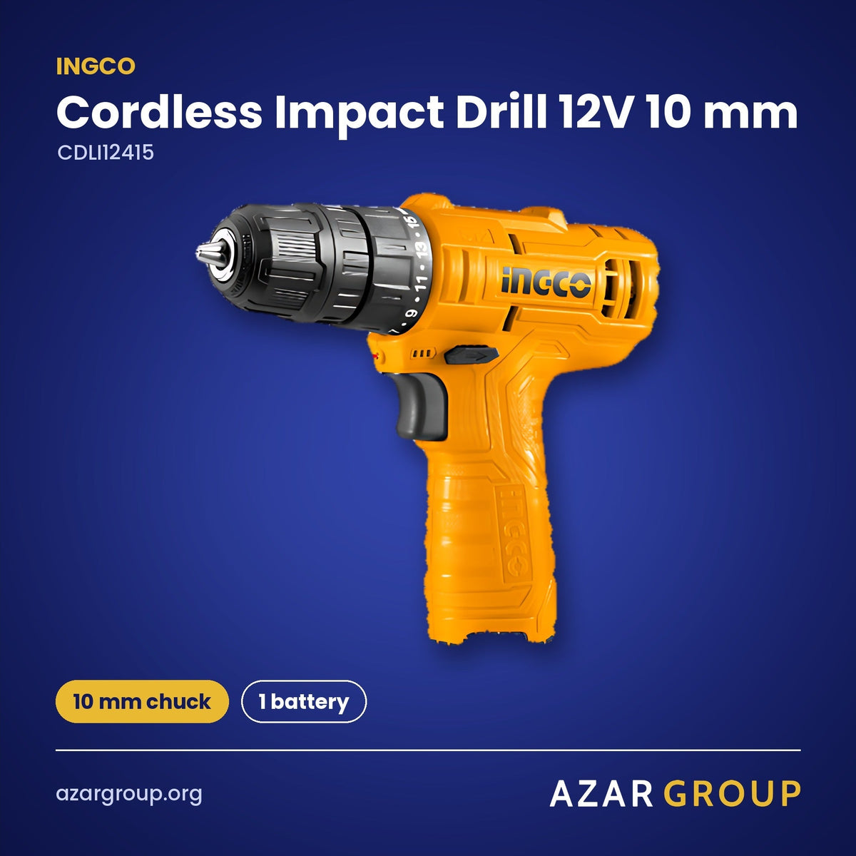 INGCO CDLI12415 Cordless Impact Drill 12V 10 mm – 10 mm chuck, 1 battery