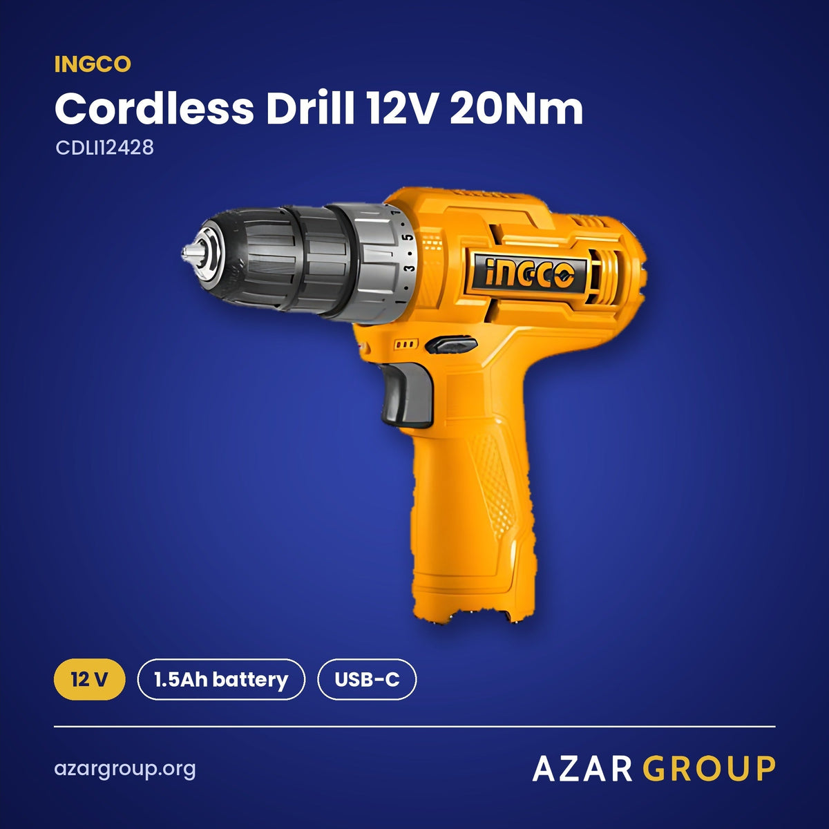 INGCO CDLI12428 Cordless Drill 12V 20Nm – 12 V, 1.5Ah battery, USB-C