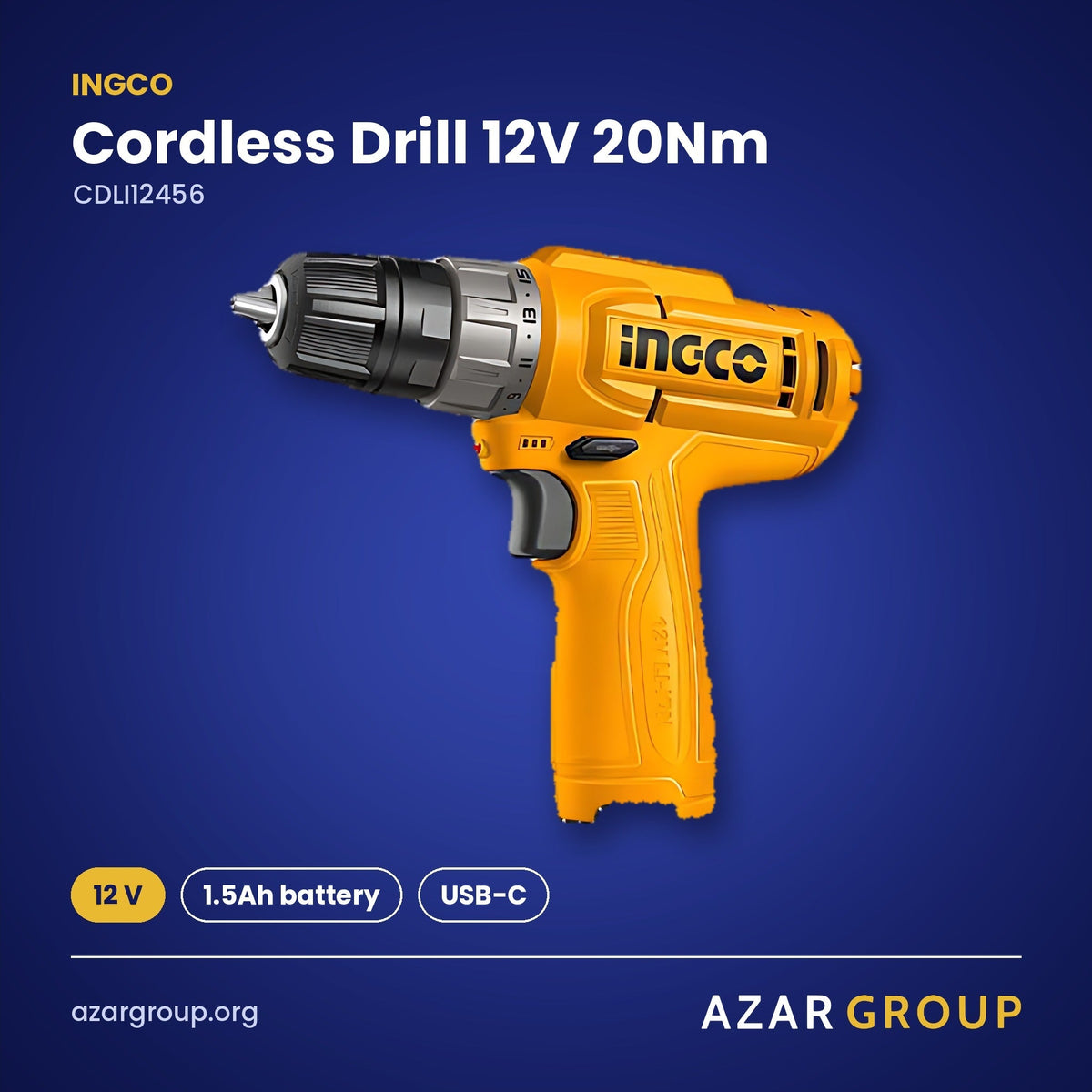 INGCO CDLI12456 Cordless Drill 12V 20Nm – 12 V, 1.5Ah battery, USB-C