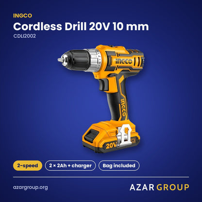 INGCO CDLI2002 Cordless Drill 20V 10 mm – 2-speed, 2 × 2Ah + charger, Bag included