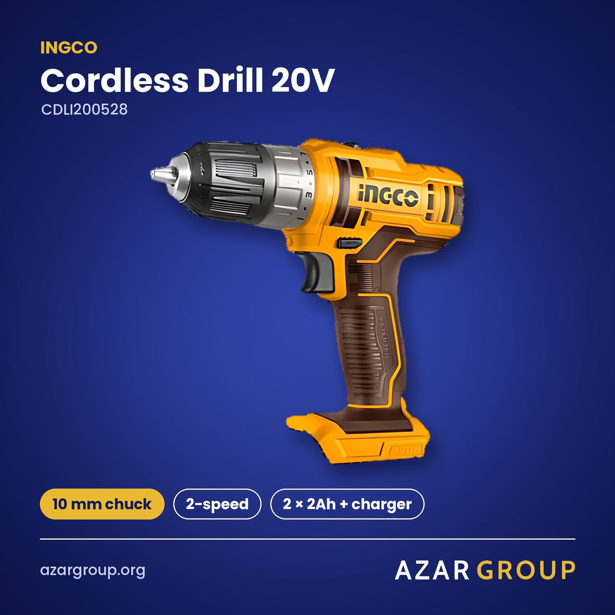 INGCO CDLI200528 Cordless Drill 20V – 10 mm chuck, 2-speed, 2 × 2Ah + charger