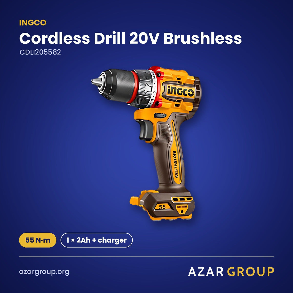 INGCO CDLI205582 Cordless Drill 20V Brushless – 55 N·m, 1 × 2Ah + charger