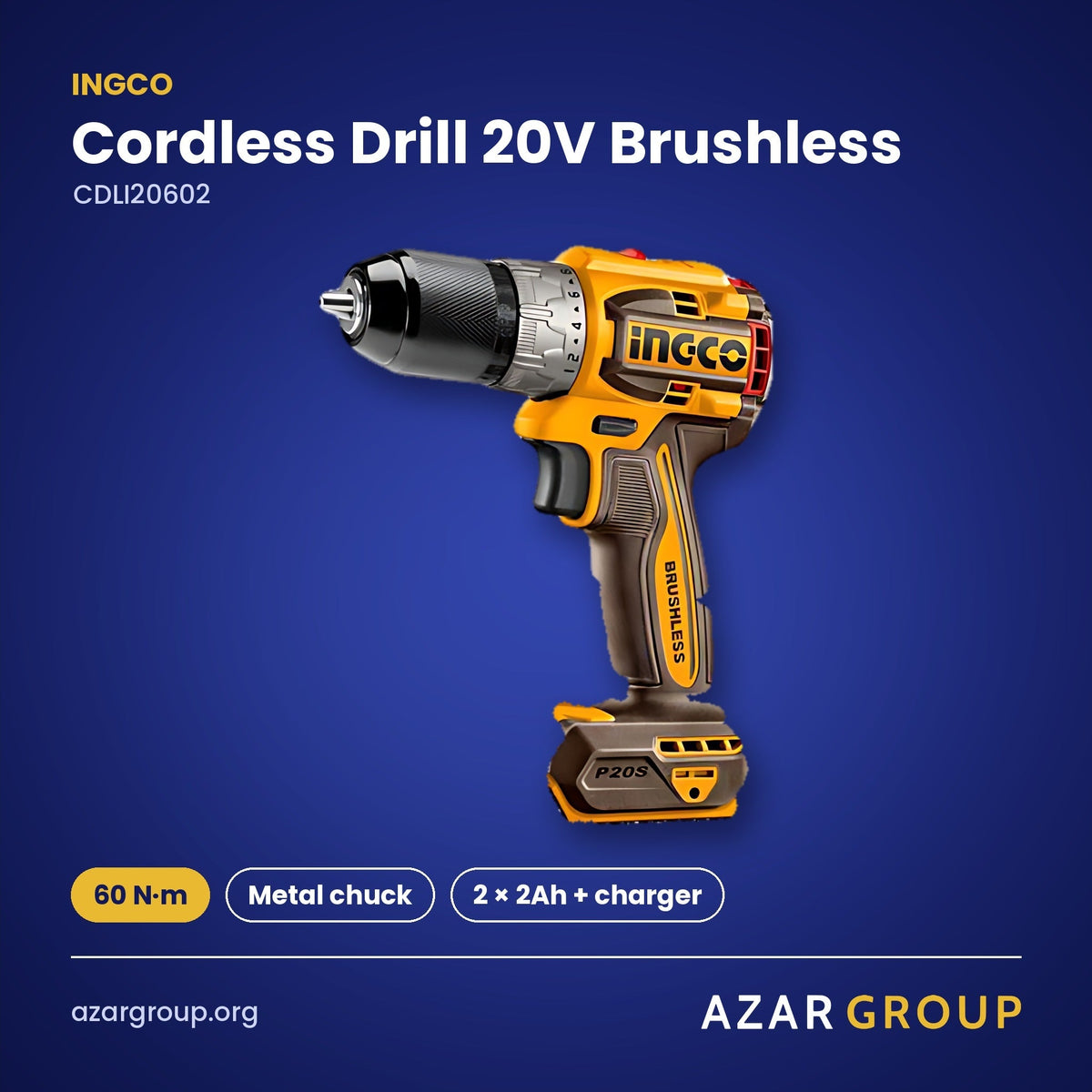 INGCO CDLI20602 Cordless Drill 20V Brushless – 60 N·m, Metal chuck, 2 × 2Ah + charger