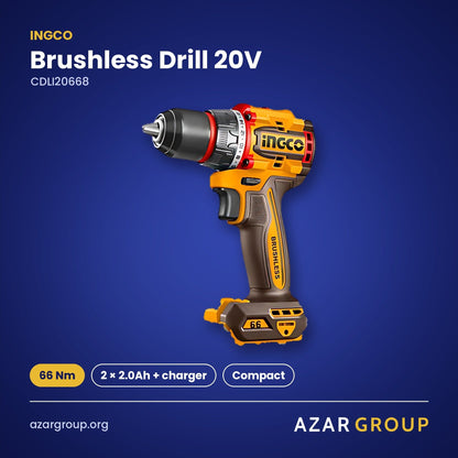 INGCO CDLI20668 Brushless Drill 20V – 66 Nm, 2 × 2.0Ah + charger, Compact