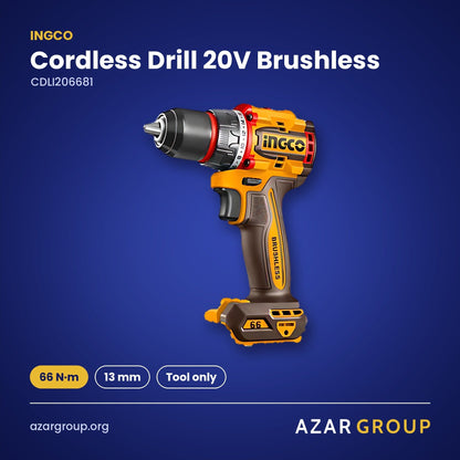 INGCO CDLI206681 Cordless Drill 20V Brushless – 66 N·m, 13 mm, Tool only