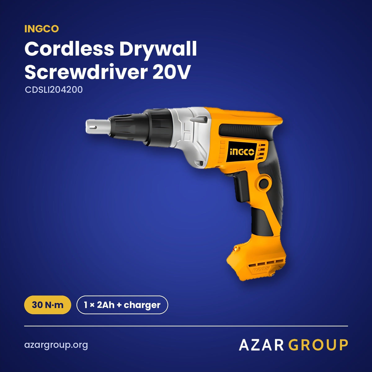 INGCO CDSLI204200 Cordless Drywall Screwdriver 20V – 30 N·m, 1 × 2Ah + charger