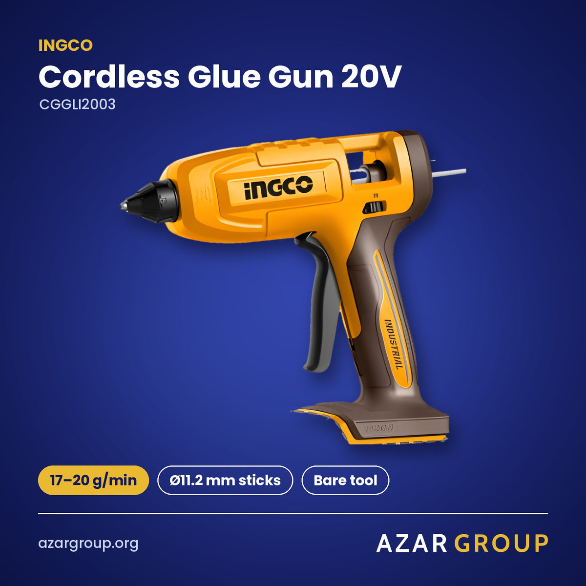 INGCO CGGLI2003 Cordless Glue Gun 20V – 17–20 g/min, Ø11.2 mm sticks, Bare tool
