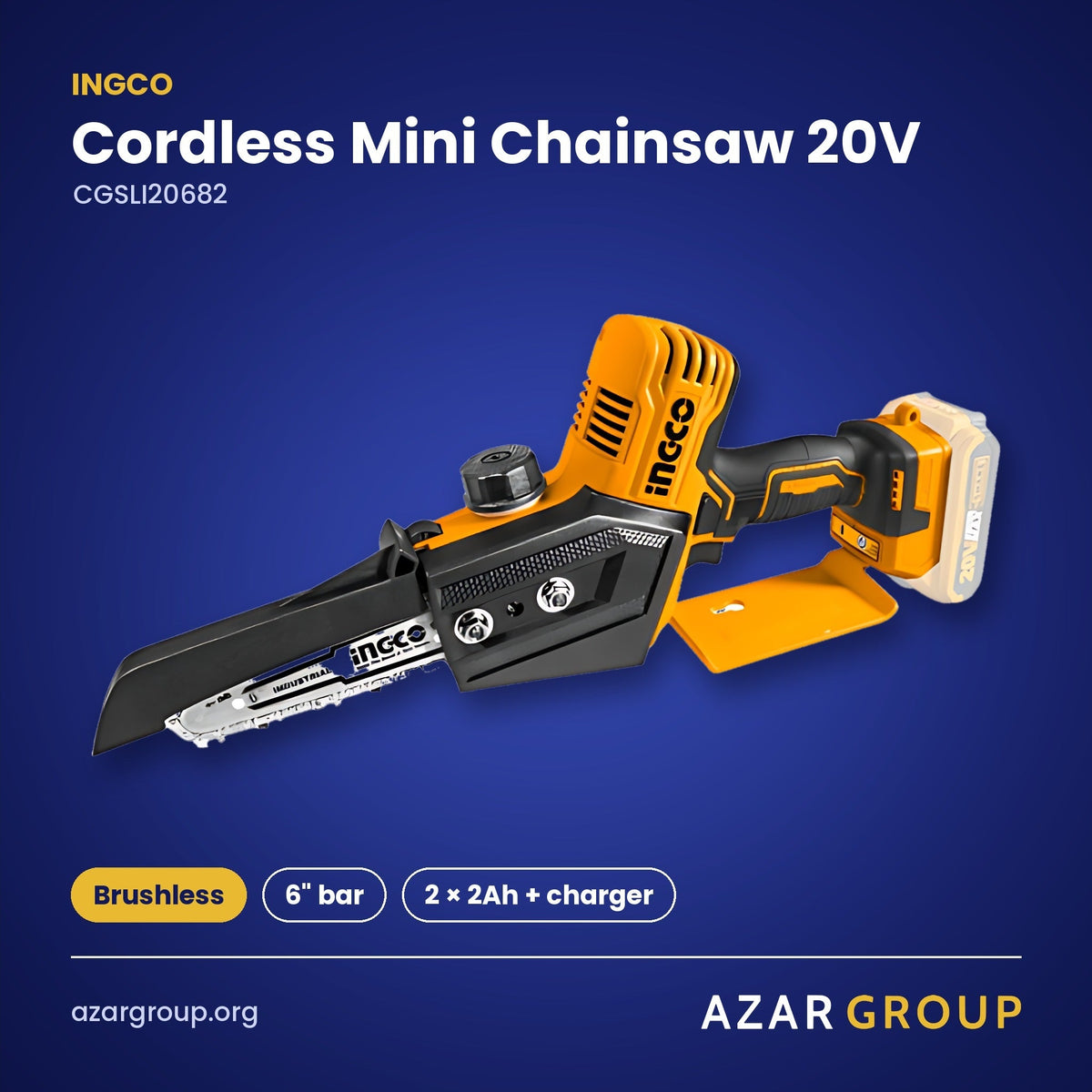 INGCO CGSLI20682 Cordless Mini Chainsaw 20V – Brushless, 6" bar, 2 × 2Ah + charger