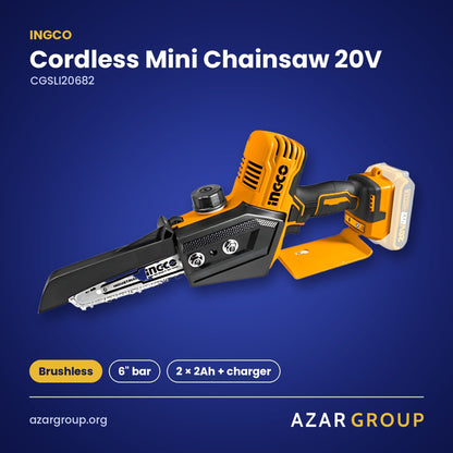 INGCO CGSLI20682 Cordless Mini Chainsaw 20V – Brushless, 6" bar, 2 × 2Ah + charger