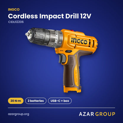 INGCO CIDLI12206 Cordless Impact Drill 12V – 20 N·m, 2 batteries, USB-C + box
