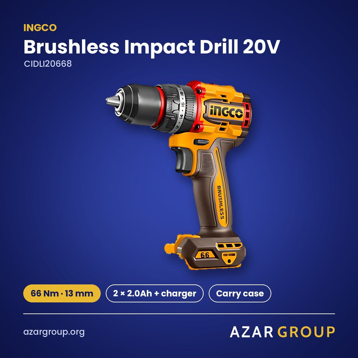 INGCO CIDLI20668 Brushless Impact Drill 20V – 66 Nm · 13 mm, 2 × 2.0Ah + charger, Carry case