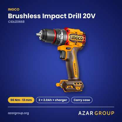 INGCO CIDLI20668 Brushless Impact Drill 20V – 66 Nm · 13 mm, 2 × 2.0Ah + charger, Carry case