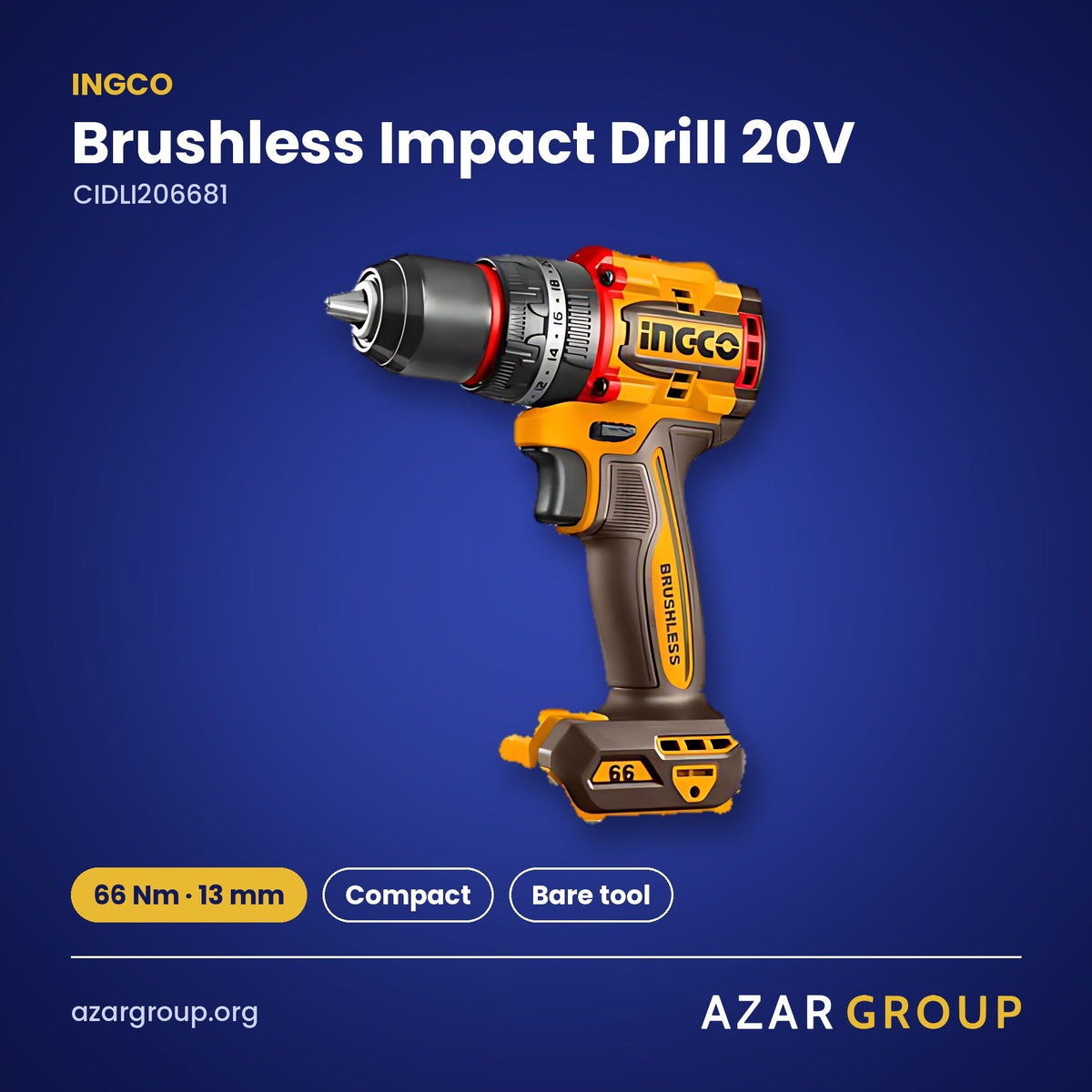 INGCO CIDLI206681 Brushless Impact Drill 20V – 66 Nm · 13 mm, Compact, Bare tool