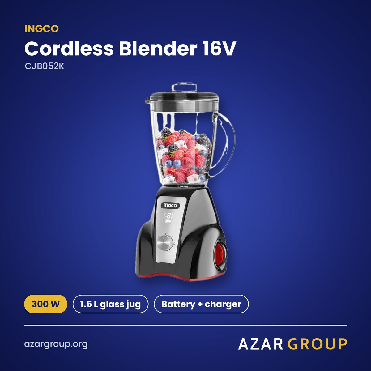 INGCO CJB052K Cordless Blender 16V – 300 W, 1.5 L glass jug, Battery + charger