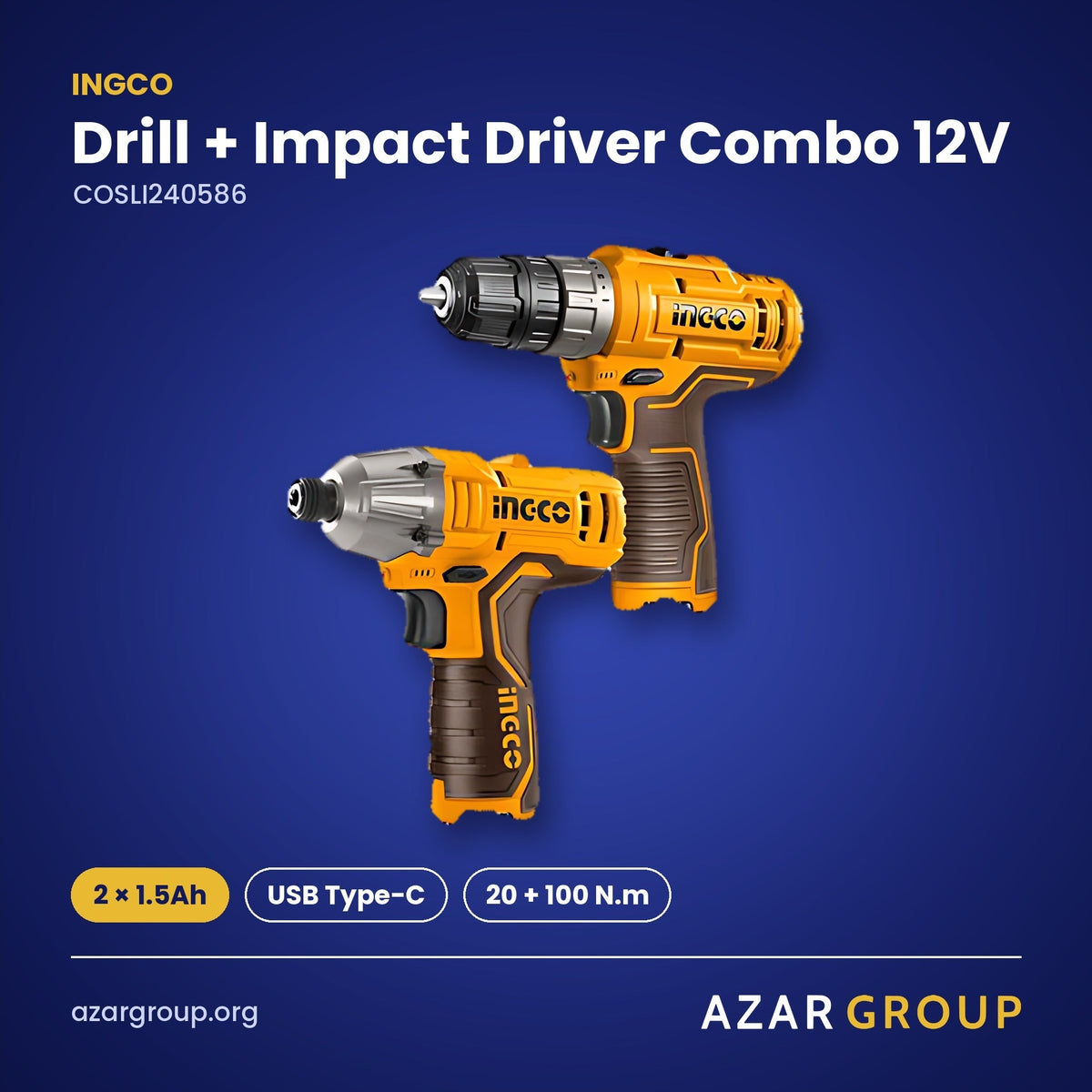 INGCO COSLI240586 Drill + Impact Driver Combo 12V – 2 × 1.5Ah, USB Type-C, 20 + 100 N.m