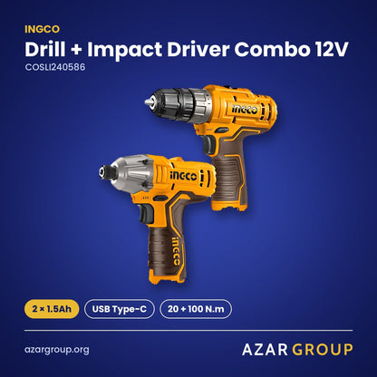INGCO COSLI240586 Drill + Impact Driver Combo 12V – 2 × 1.5Ah, USB Type-C, 20 + 100 N.m