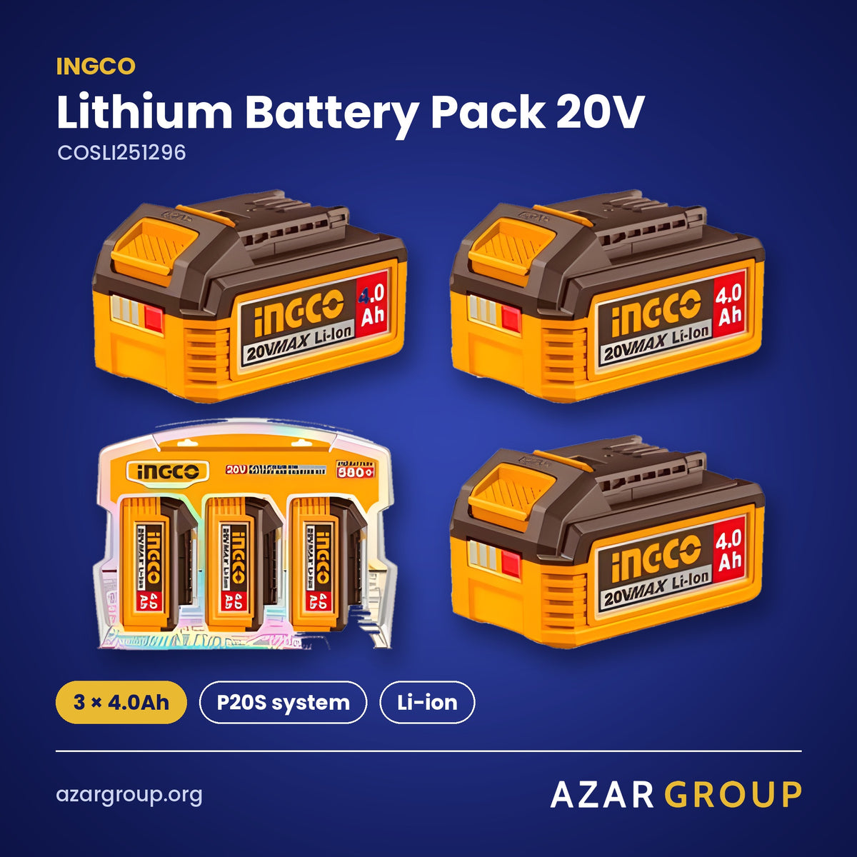 INGCO COSLI251296 Lithium Battery Pack 20V – 3 × 4.0Ah, P20S system, Li-ion