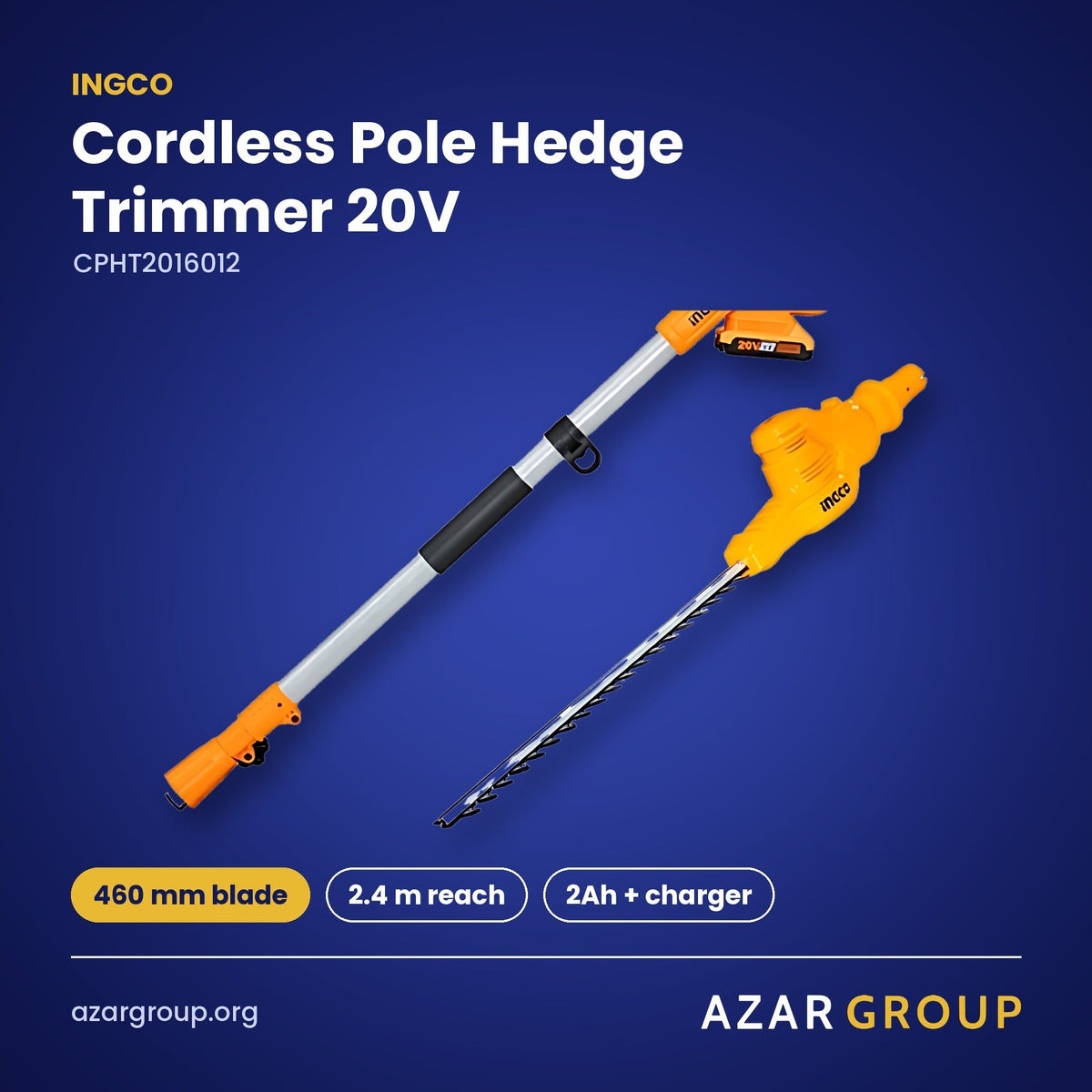 INGCO CPHT2016012 Cordless Pole Hedge Trimmer 20V – 460 mm blade, 2.4 m reach, 2Ah + charger