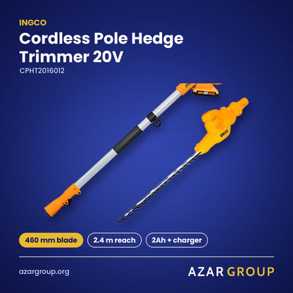 INGCO CPHT2016012 Cordless Pole Hedge Trimmer 20V – 460 mm blade, 2.4 m reach, 2Ah + charger