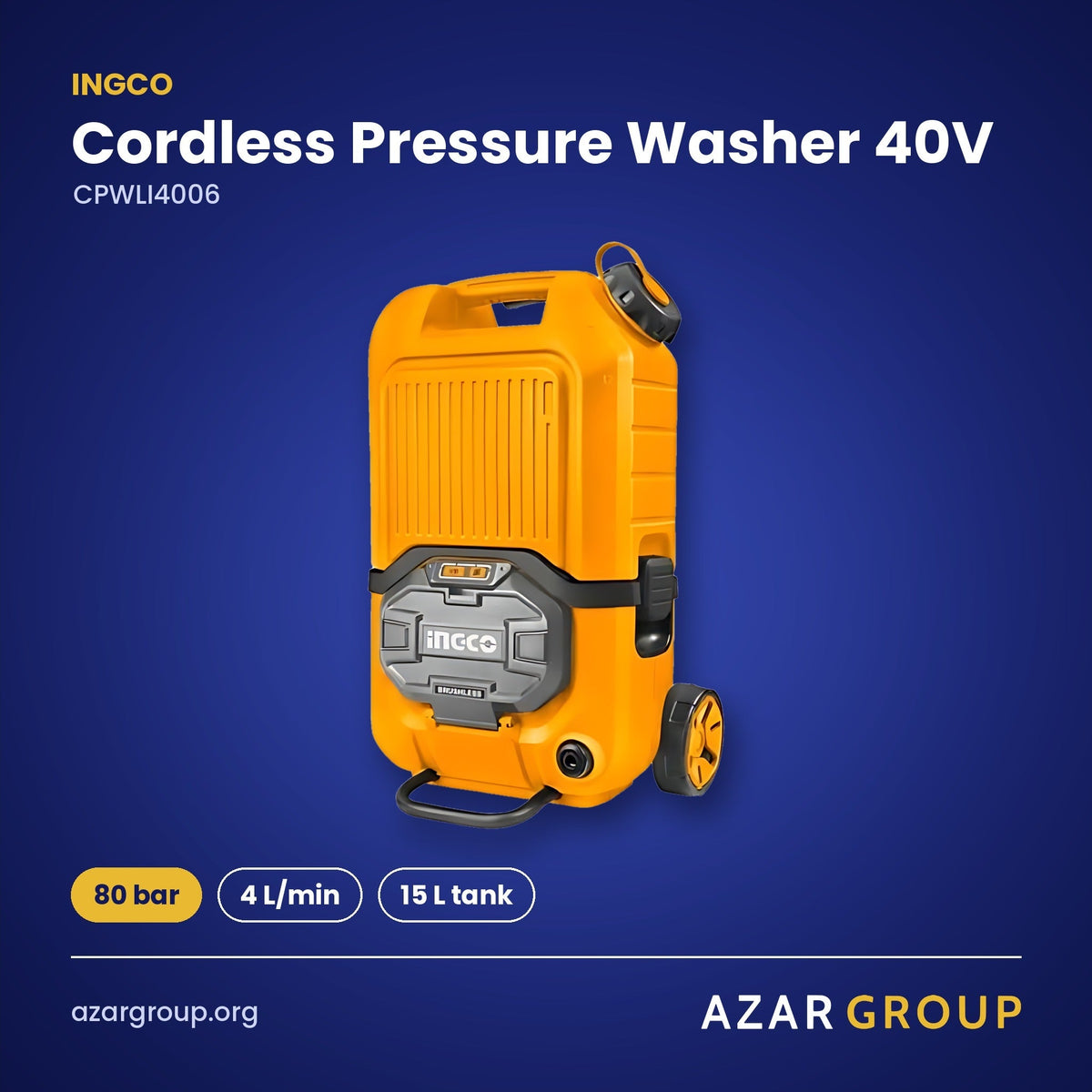 INGCO CPWLI4006 Cordless Pressure Washer 40V – 80 bar, 4 L/min, 15 L tank