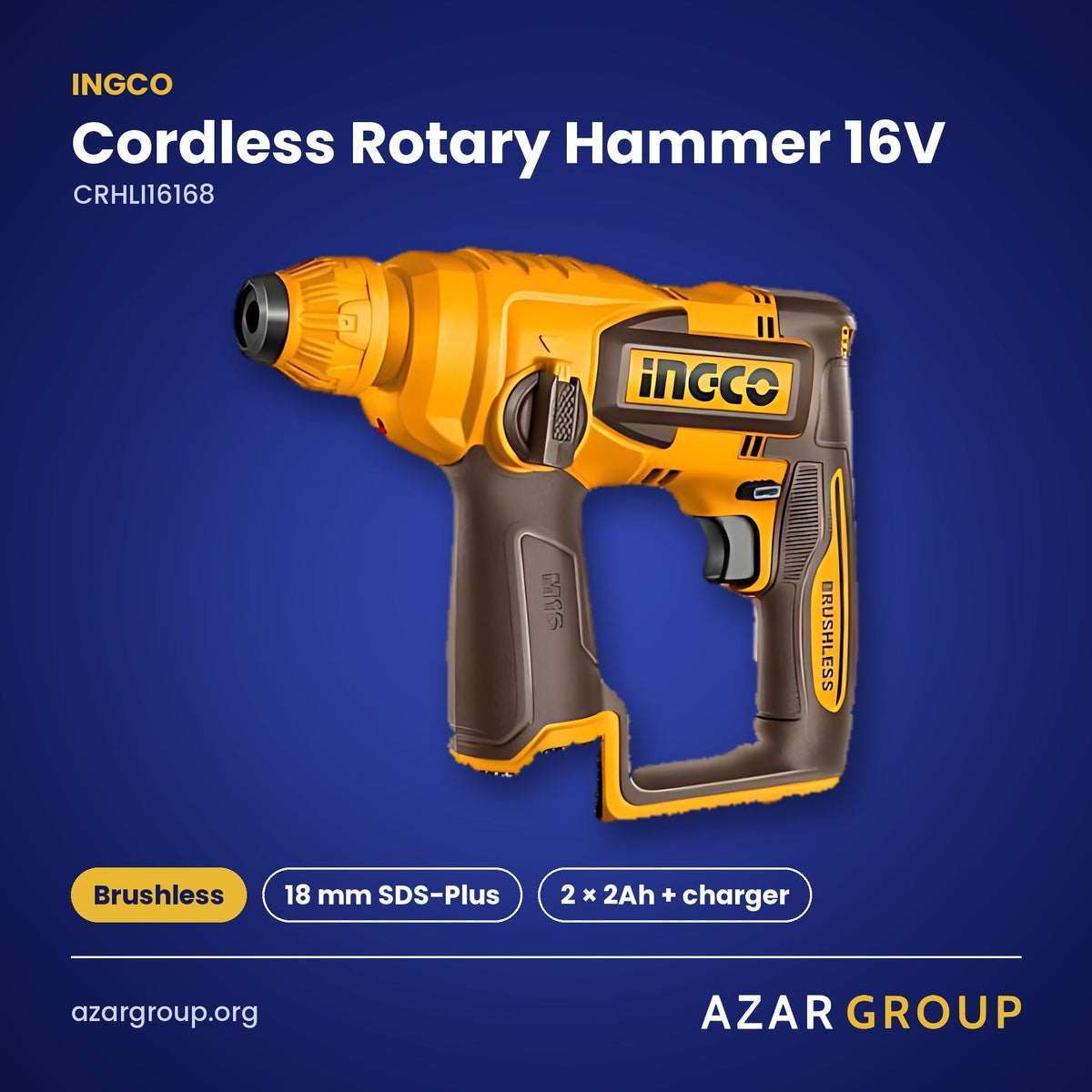 INGCO CRHLI16168 Cordless Rotary Hammer 16V – Brushless, 18 mm SDS-Plus, 2 × 2Ah + charger
