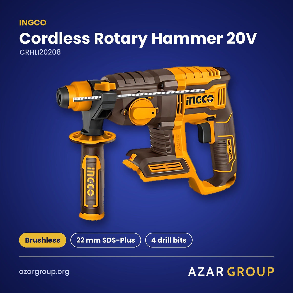 INGCO CRHLI20208 Cordless Rotary Hammer 20V – Brushless, 22 mm SDS-Plus, 4 drill bits