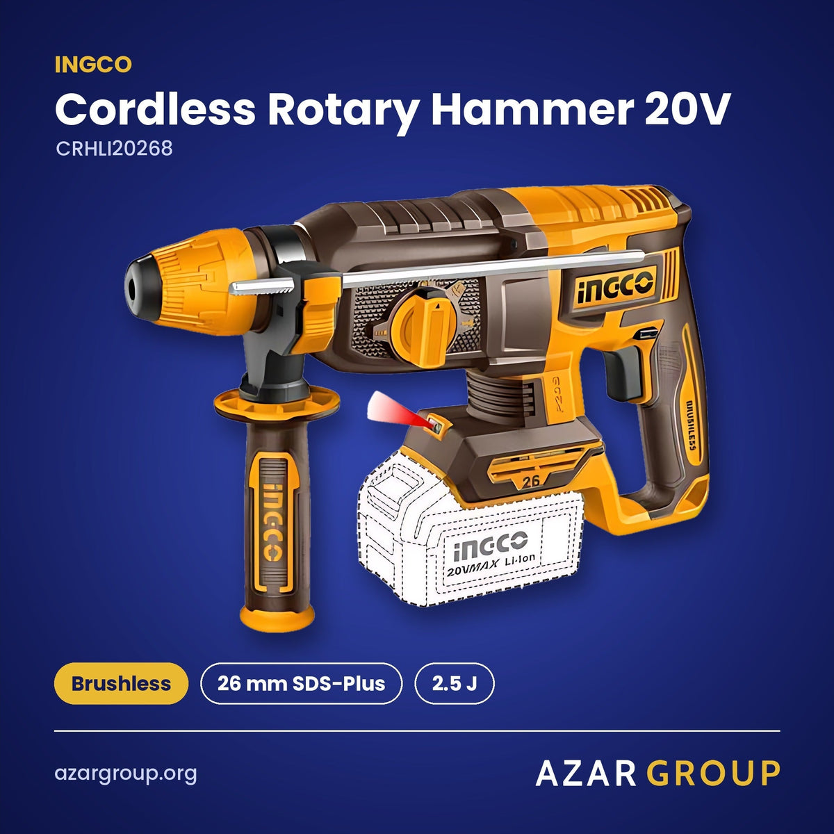 INGCO CRHLI20268 Cordless Rotary Hammer 20V – Brushless, 26 mm SDS-Plus, 2.5 J