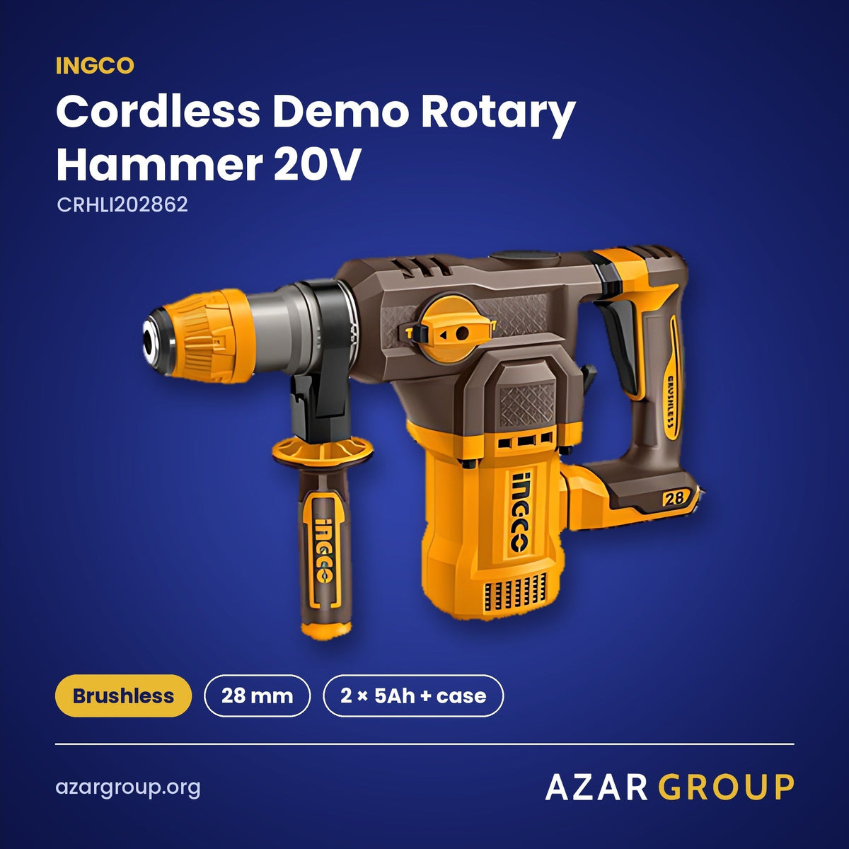 INGCO CRHLI202862 Cordless Demo Rotary Hammer 20V – Brushless, 28 mm, 2 × 5Ah + case